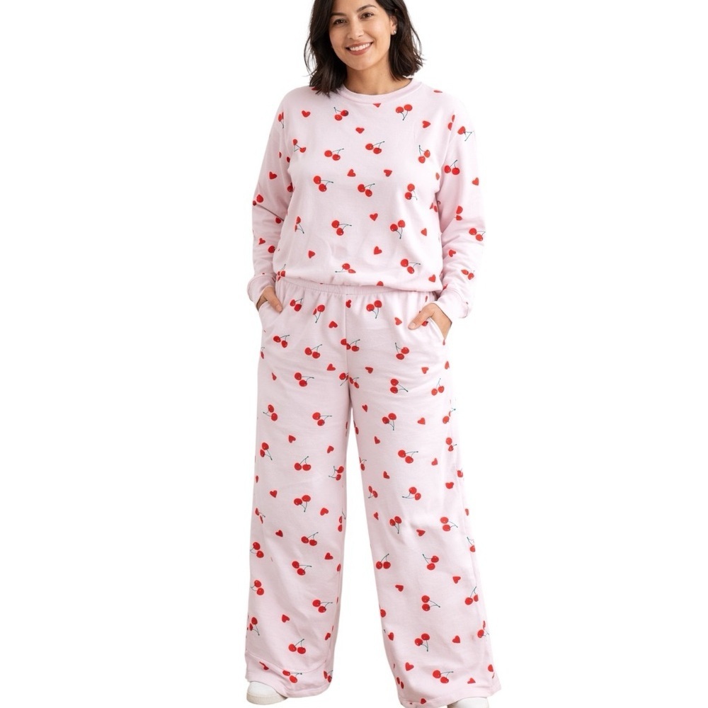 Grayson Threads Large Pink Red Cherries & Hearts Set Loungewear Casual